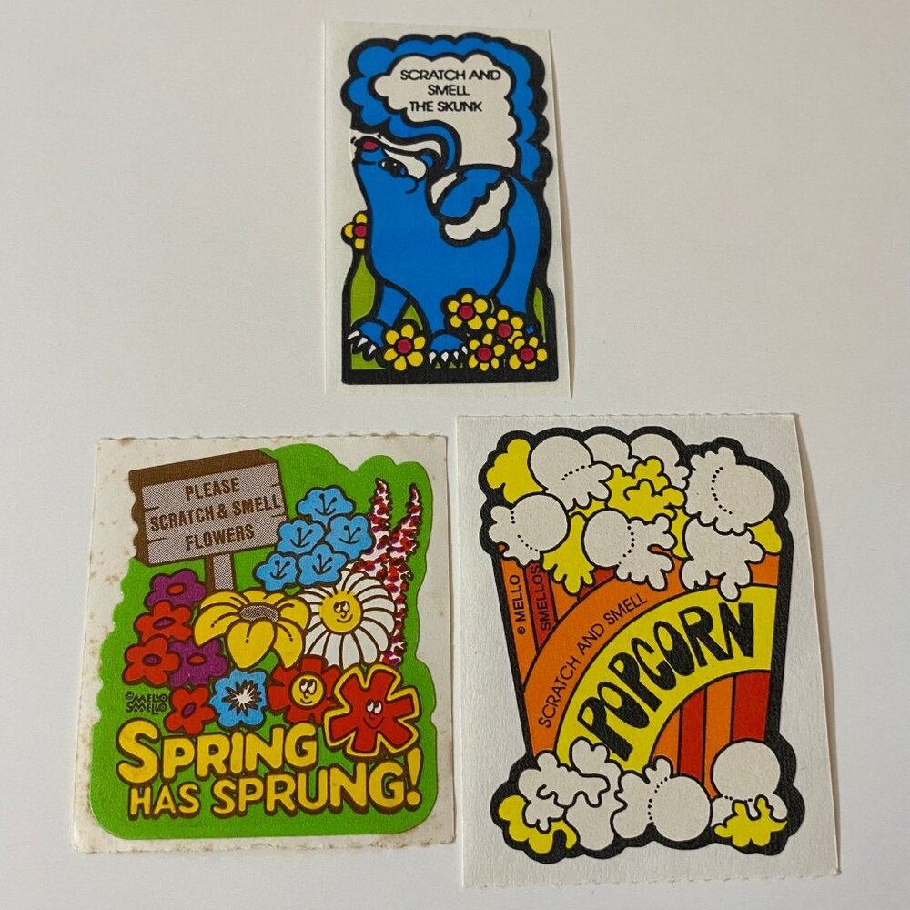 Vintage Mello Smello Scratch ‘N Sniff Stickers Skunk Spring Has Sprung Popcorn